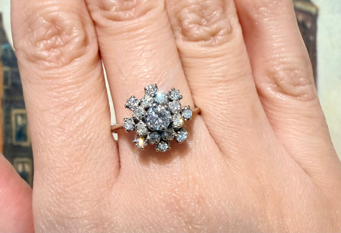 Snow flake diamond cluster ring in 14 carat gold-Vintage Rings-The Antique Ring Shop