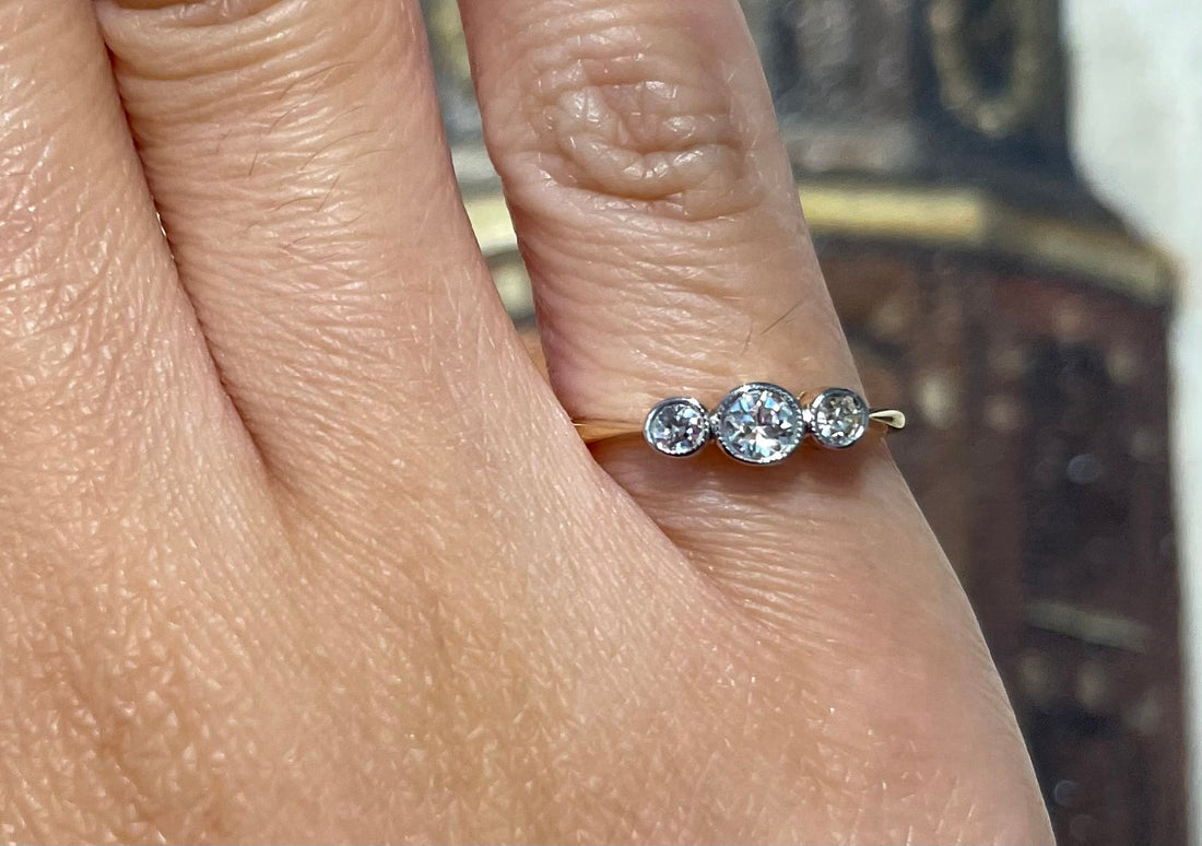 Vintage three stone diamond ring-engagement rings-The Antique Ring Shop