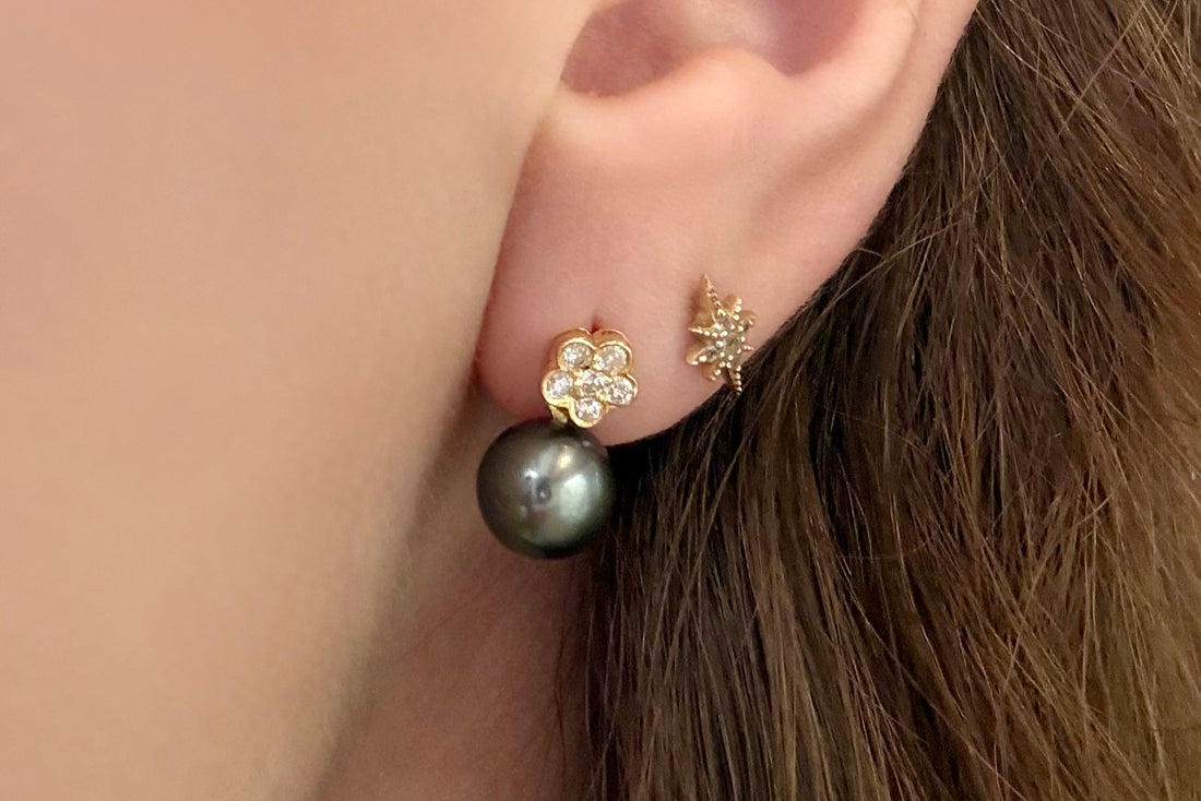 Diamond and grey pearl earrings-Earrings-The Antique Ring Shop