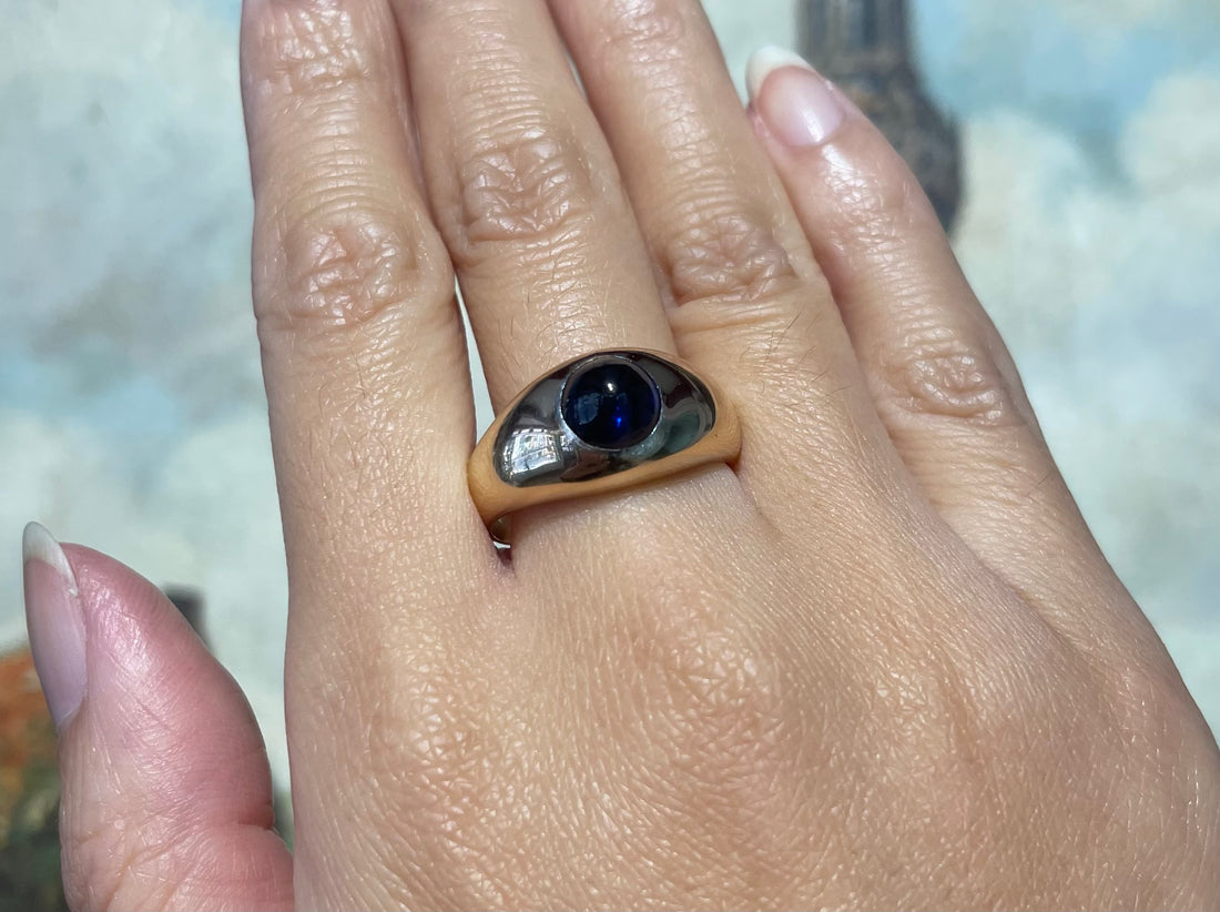 Cabochon sapphire ring in 14 carat gold-gents rings-The Antique Ring Shop