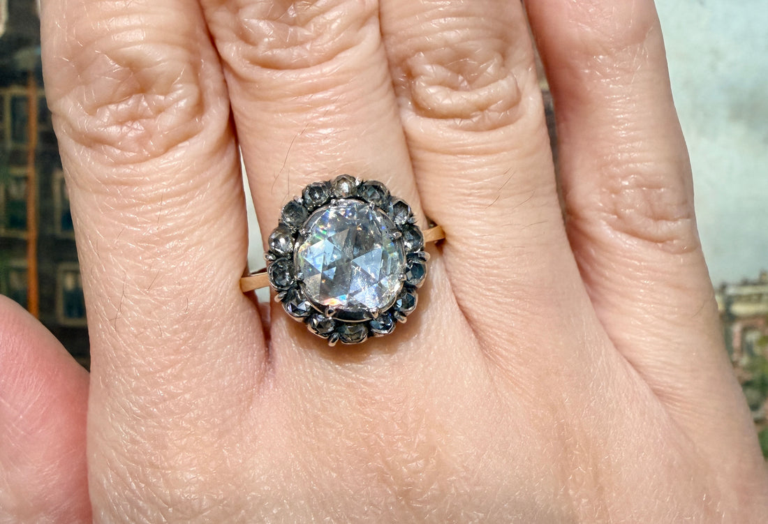 Vintage rose diamond ring in 14 carat gold and silver-engagement rings-The Antique Ring Shop