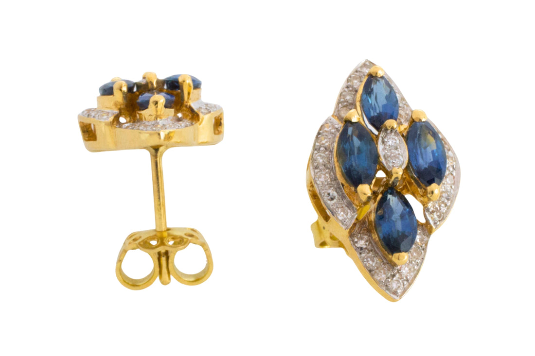 Sapphire and diamond marquise sdud earrings in 18 carat gold-Earrings-The Antique Ring Shop