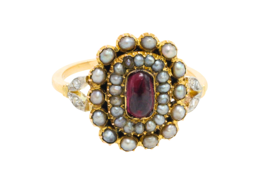 Tourmaline pearl and rose diamond ring-Antique rings-The Antique Ring Shop