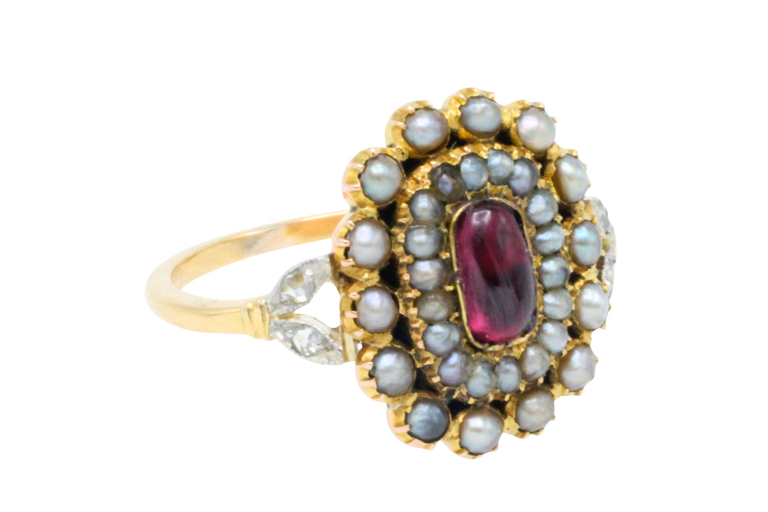 Tourmaline pearl and rose diamond ring-Antique rings-The Antique Ring Shop