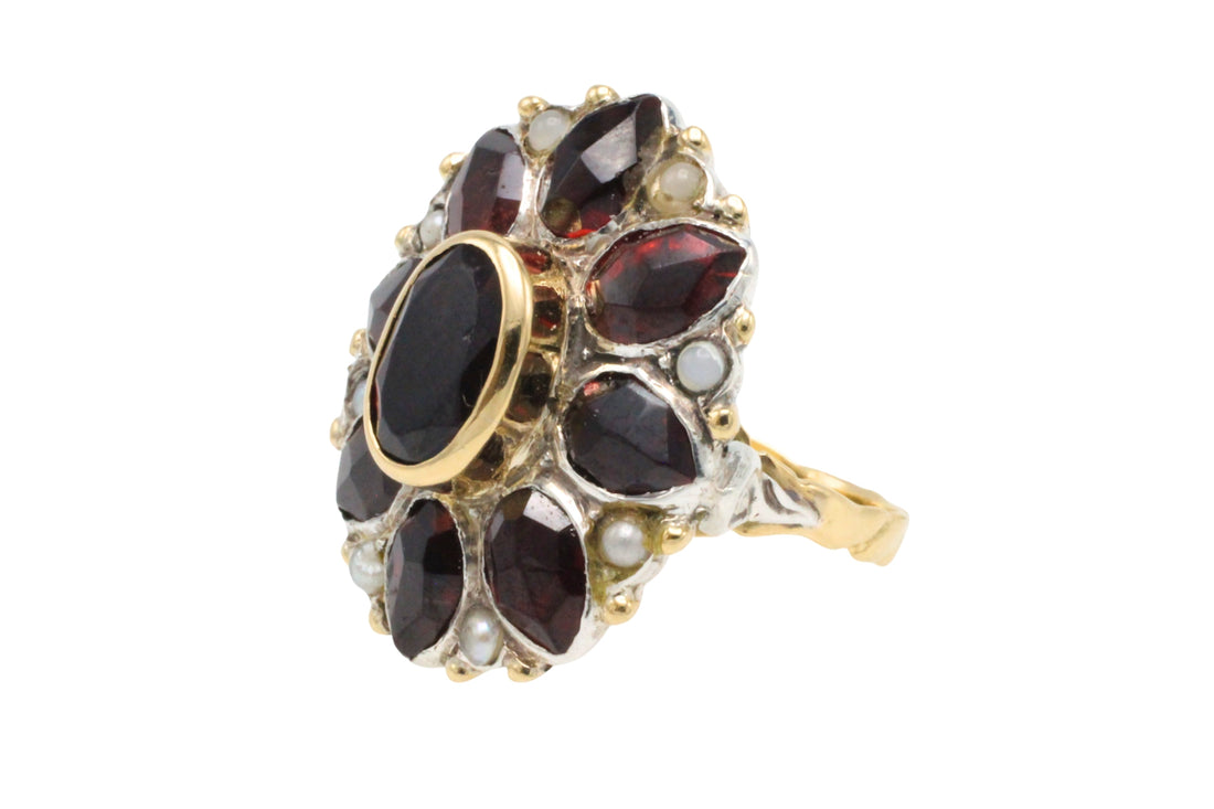 Vintage garnet and pearl ring in 14 carat gold and silver-Vintage Rings-The Antique Ring Shop