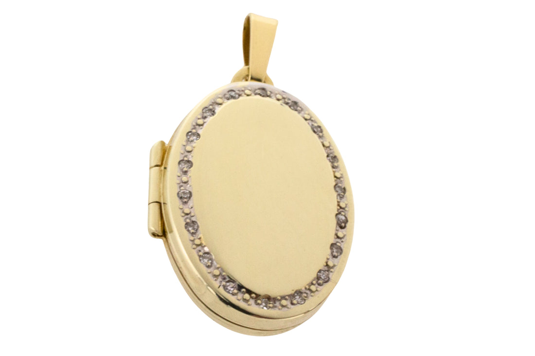 Gold photo locket with diamonds-Pendants-The Antique Ring Shop