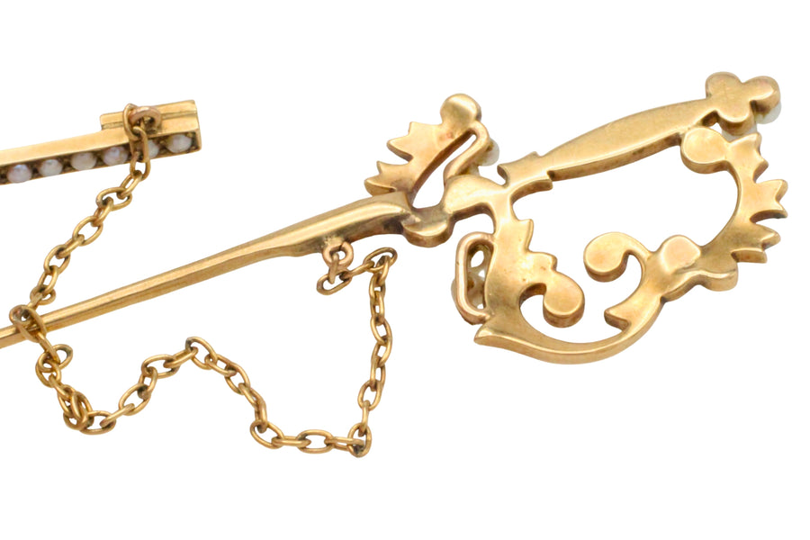 14 carat gold sword pin with pearls-Brooches-The Antique Ring Shop