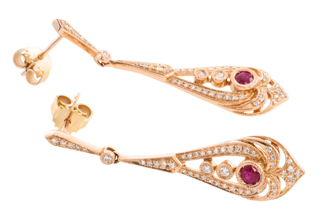 Ruby and diamond pendant earrings in rose gold-Earrings-The Antique Ring Shop