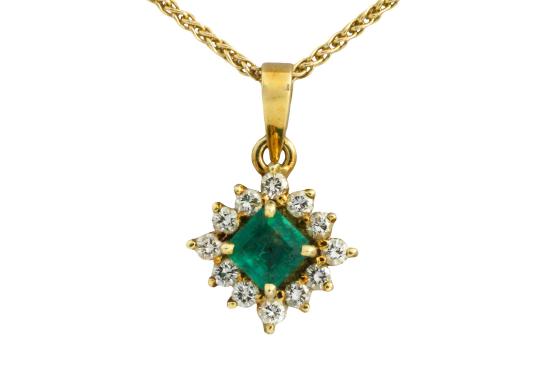 Emerald and diamond pendant in 14 carat gold-Pendants-The Antique Ring Shop
