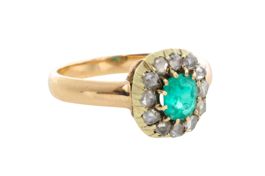 Emerald and rose diamond ring in 14 carat gold-Antique rings-The Antique Ring Shop