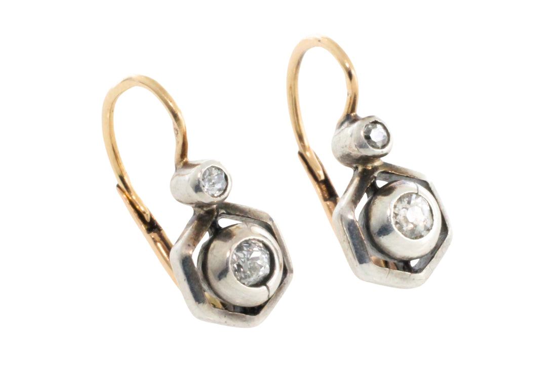 Antique diamond earrings in 14 carat gold and silver-Earrings-The Antique Ring Shop