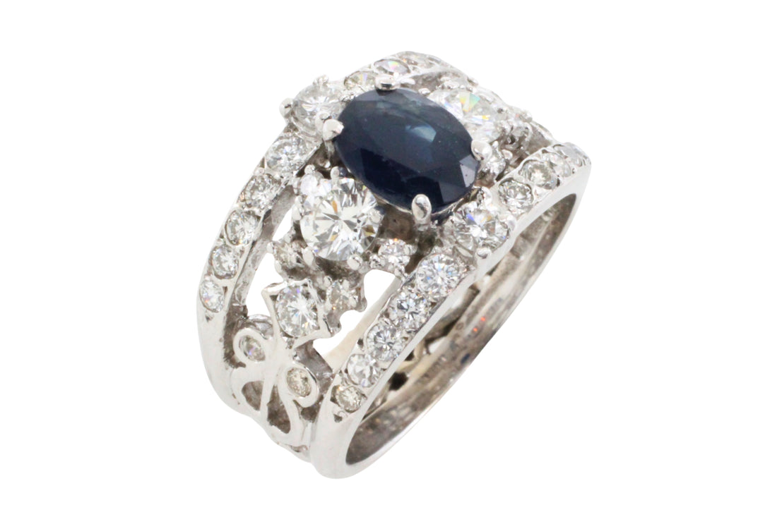 14 carat white gold sapphire and diamond ring-Vintage Rings-The Antique Ring Shop