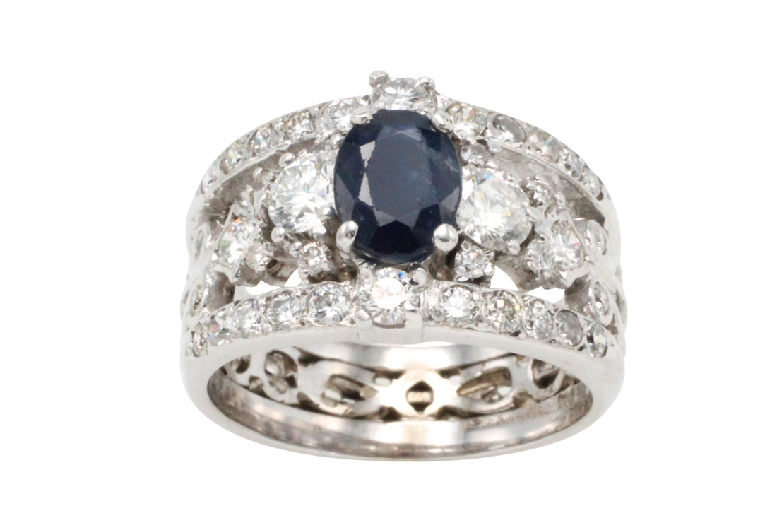 14 carat white gold sapphire and diamond ring-Vintage Rings-The Antique Ring Shop