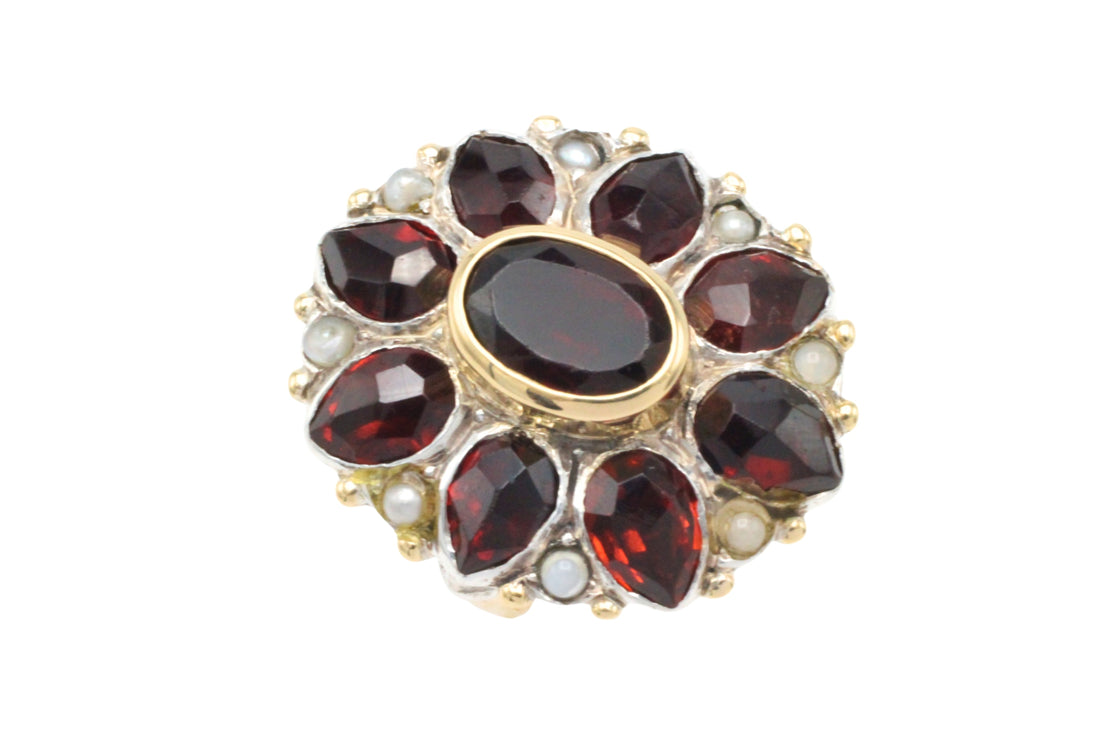 Vintage garnet and pearl ring in 14 carat gold and silver-Vintage Rings-The Antique Ring Shop