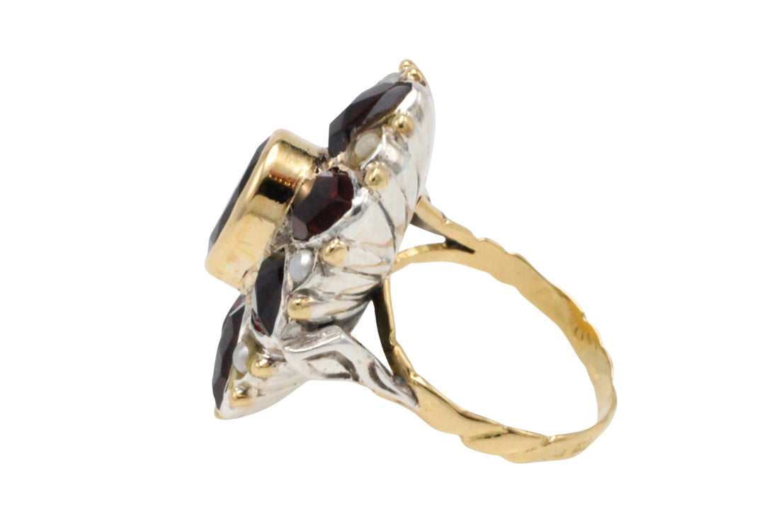 Vintage garnet and pearl ring in 14 carat gold and silver-Vintage Rings-The Antique Ring Shop