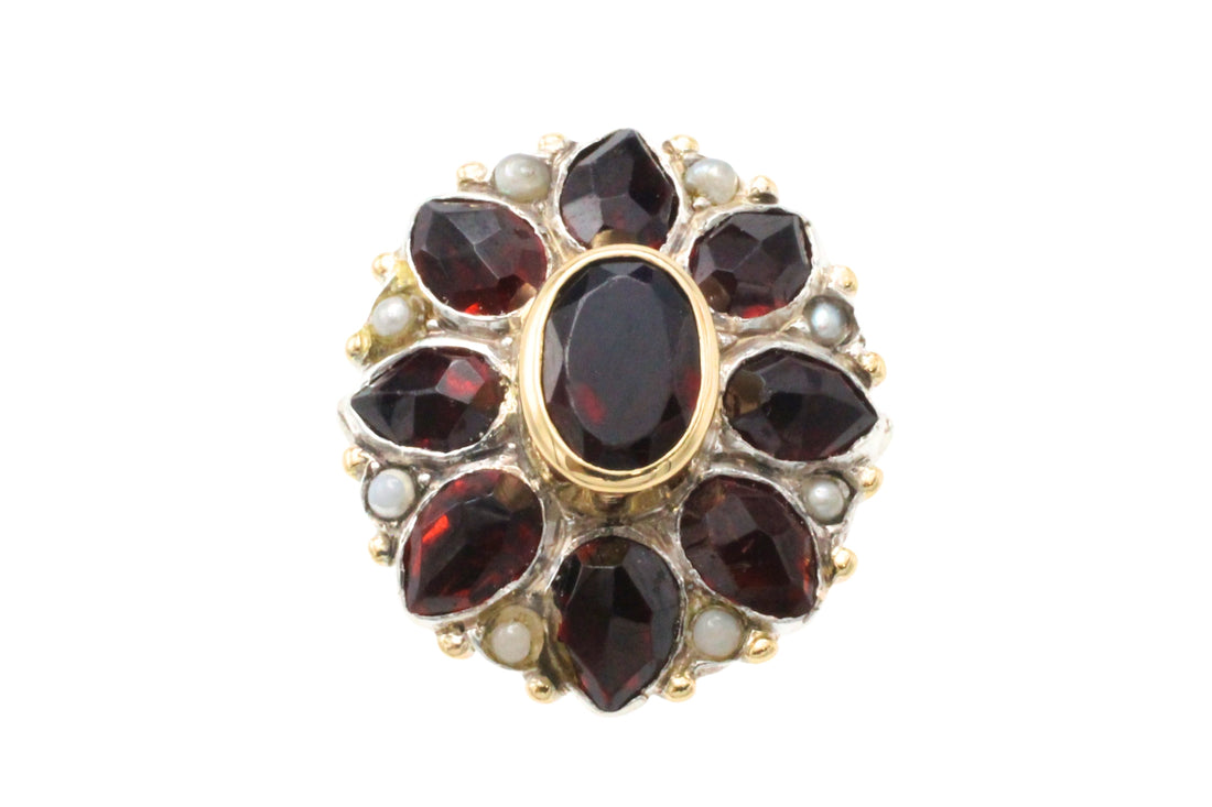 Vintage garnet and pearl ring in 14 carat gold and silver-Vintage Rings-The Antique Ring Shop