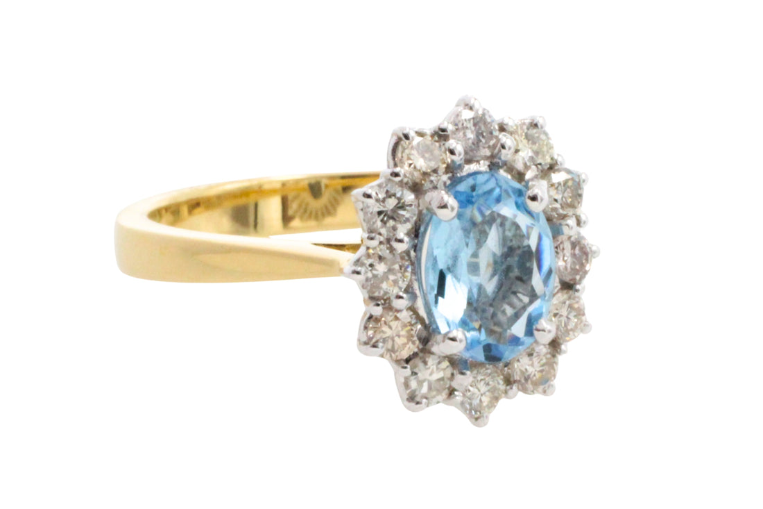 Aquamarine and diamond ring in 18 carat gold-engagement rings-The Antique Ring Shop