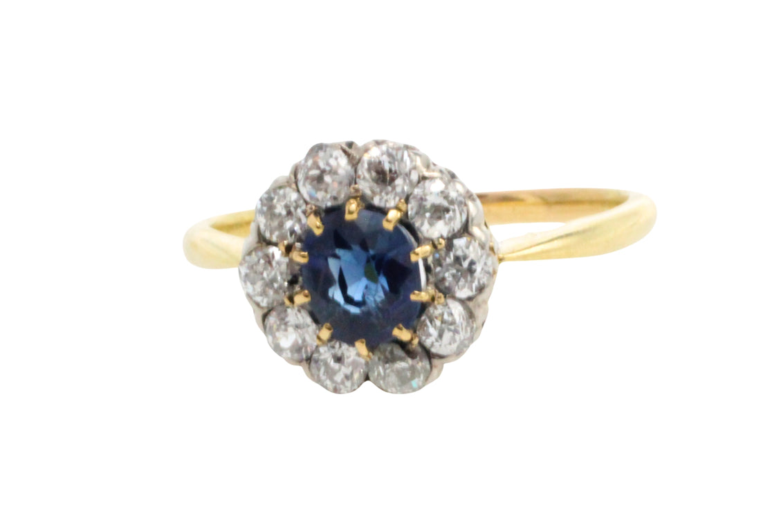 Edwardian sapphire an old cut diamond cluster ring-Antique rings-The Antique Ring Shop