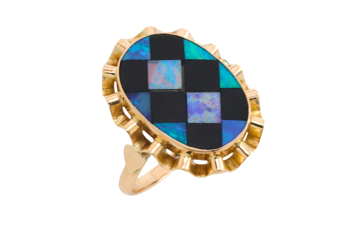 Opal and onyx checkerboard ring-Vintage Rings-The Antique Ring Shop