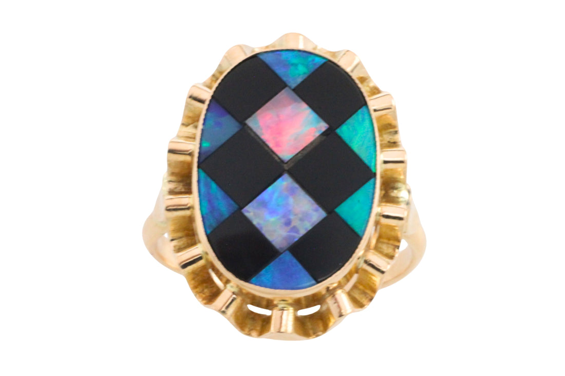 Opal and onyx checkerboard ring-Vintage Rings-The Antique Ring Shop