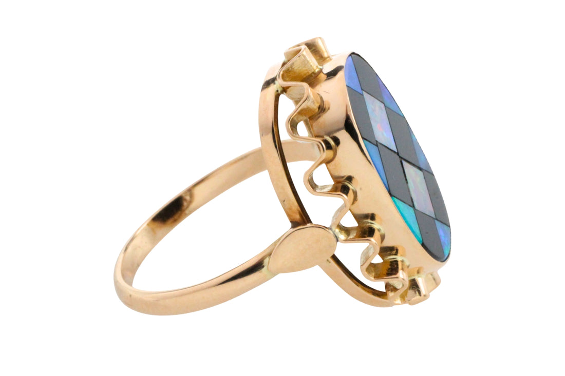 Opal and onyx checkerboard ring-Vintage Rings-The Antique Ring Shop