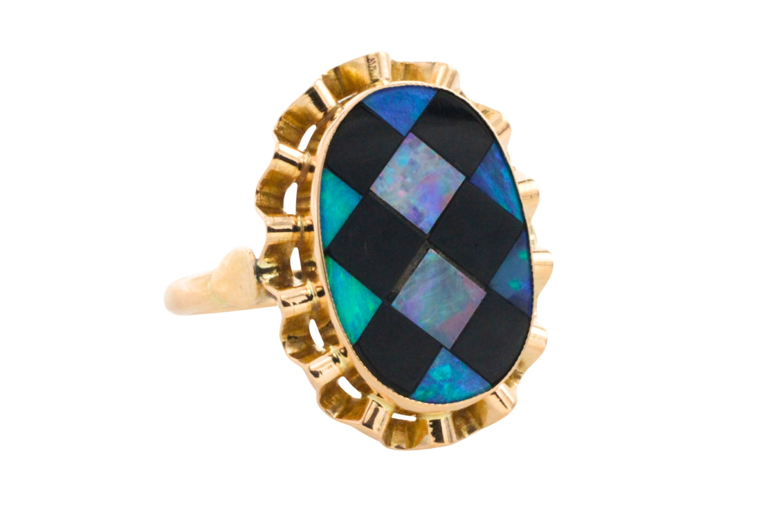 Opal and onyx checkerboard ring-Vintage Rings-The Antique Ring Shop