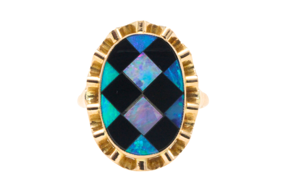 Opal and onyx checkerboard ring-Vintage Rings-The Antique Ring Shop