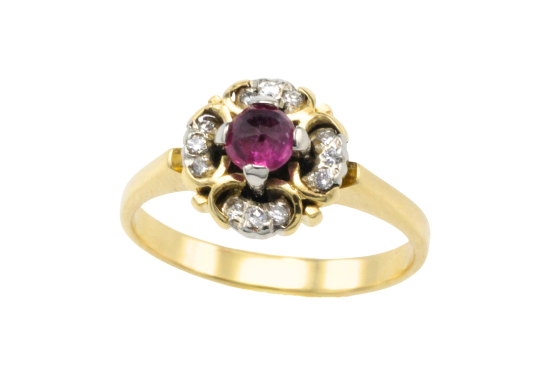 Ruby and diamond cluster ring in 18 carat gold-Vintage Rings-The Antique Ring Shop