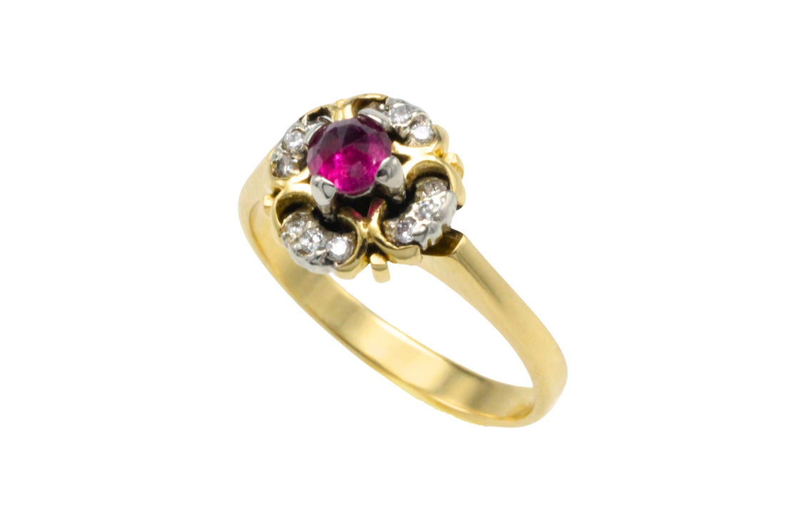 Ruby and diamond cluster ring in 18 carat gold-Vintage Rings-The Antique Ring Shop