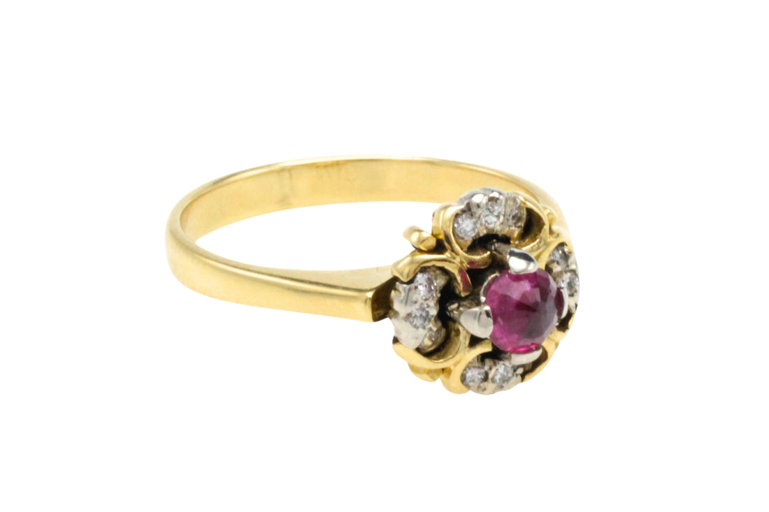 Ruby and diamond cluster ring in 18 carat gold-Vintage Rings-The Antique Ring Shop
