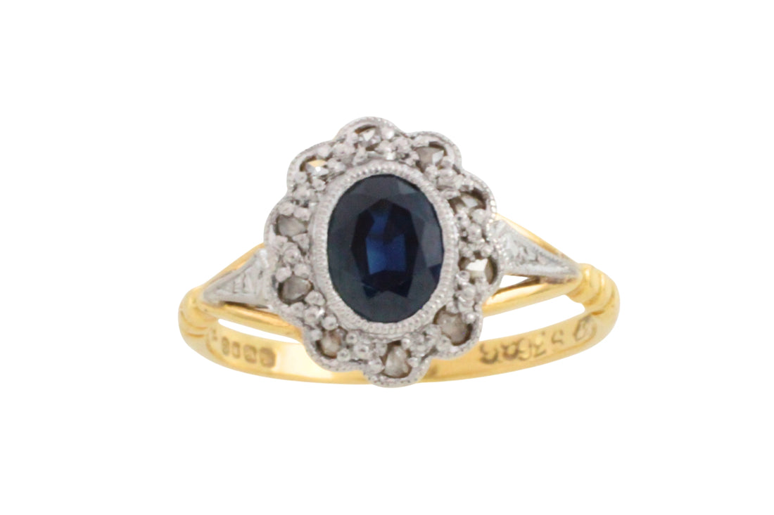 Vintage sapphire and rose diamond ring in 18 carat gold and platinum-engagement rings-The Antique Ring Shop