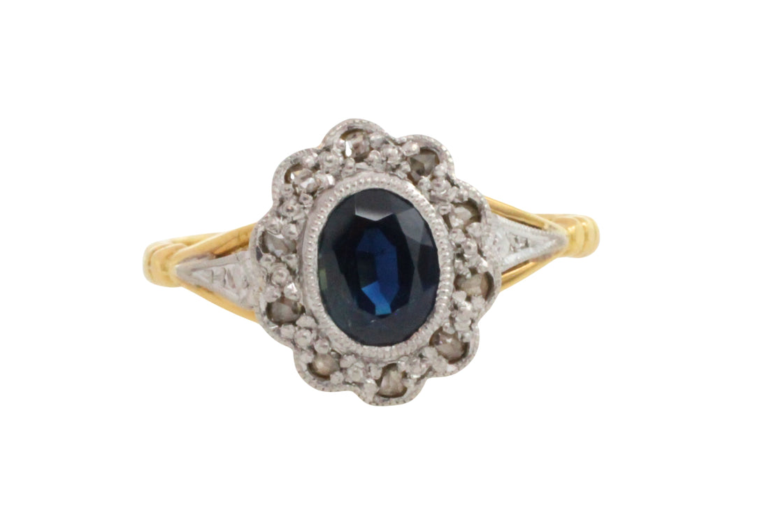 Vintage sapphire and rose diamond ring in 18 carat gold and platinum-engagement rings-The Antique Ring Shop