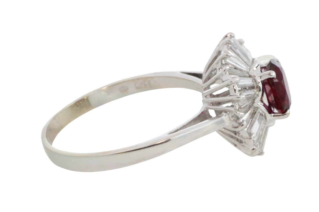 Baguette diamond and ruby ring in white gold