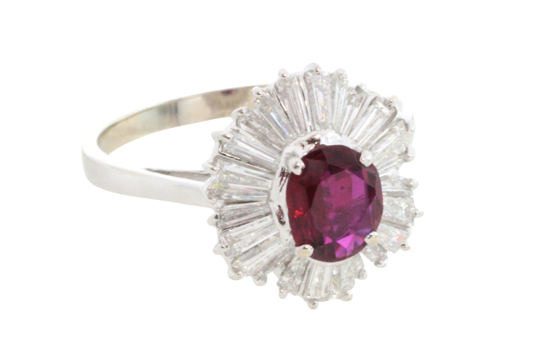 Baguette diamond and ruby ring in white gold