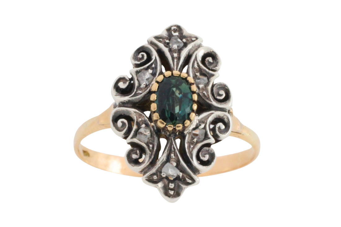 Sapphire and rose diamond ring in silver and gold-Vintage Rings-The Antique Ring Shop
