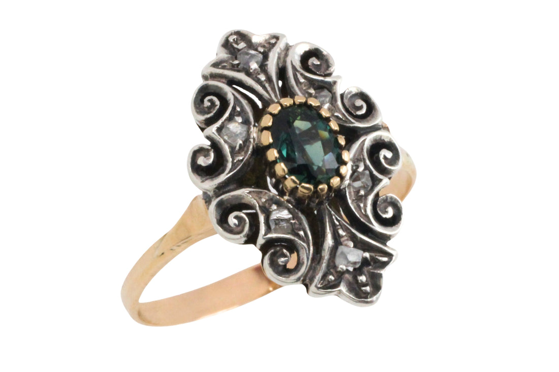 Sapphire and rose diamond ring in silver and gold-Vintage Rings-The Antique Ring Shop