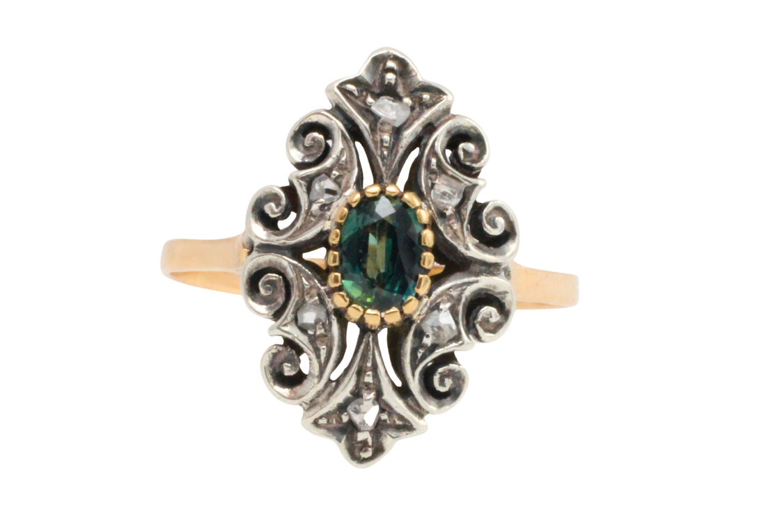 Sapphire and rose diamond ring in silver and gold-Vintage Rings-The Antique Ring Shop