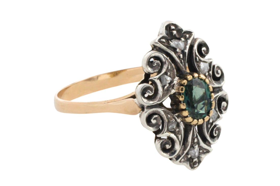 Sapphire and rose diamond ring in silver and gold-Vintage Rings-The Antique Ring Shop