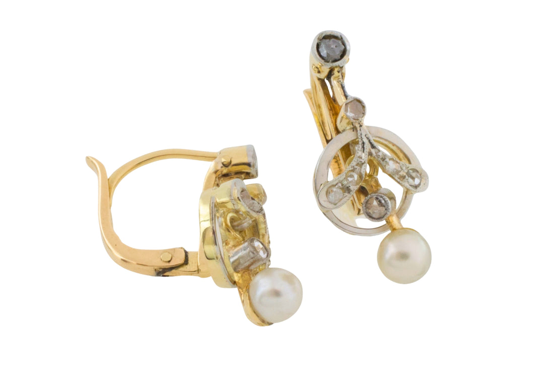 Pearl and rose diamond earrings in 18 carat gold-Earrings-The Antique Ring Shop