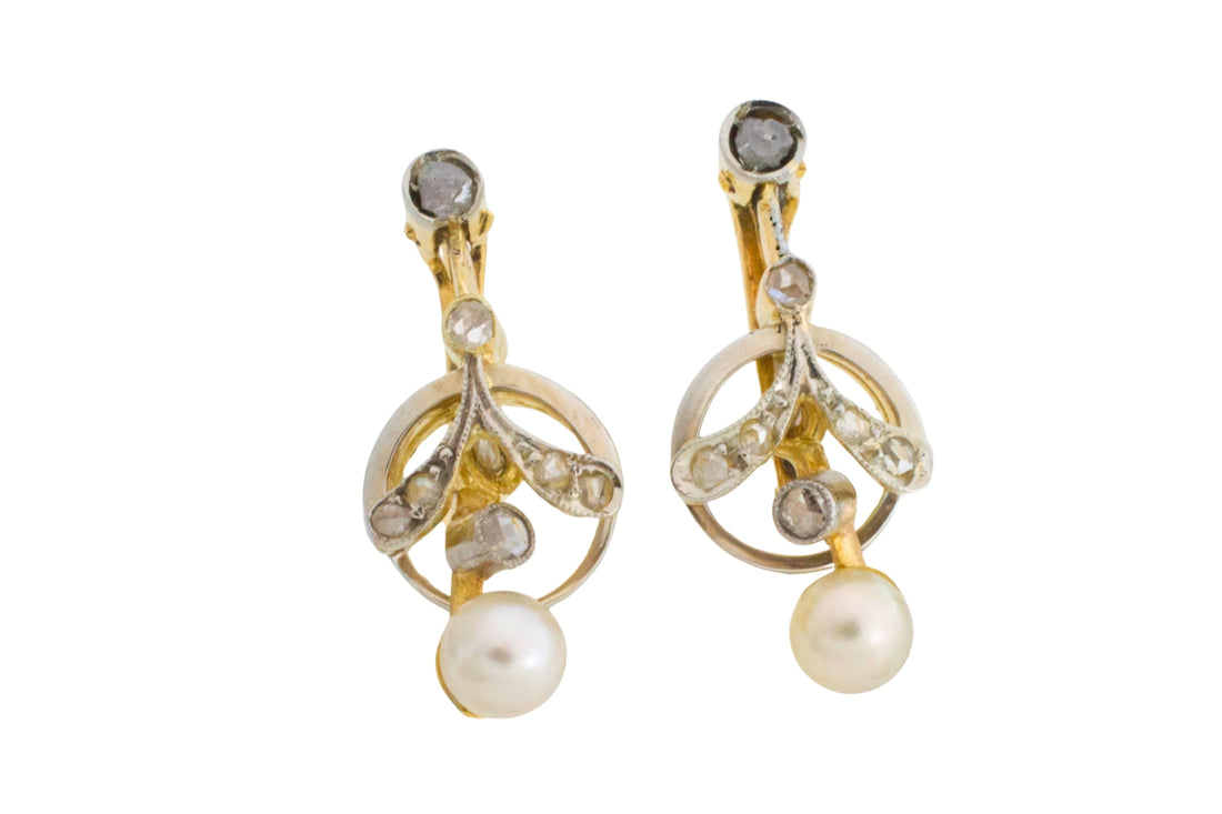 Pearl and rose diamond earrings in 18 carat gold-Earrings-The Antique Ring Shop
