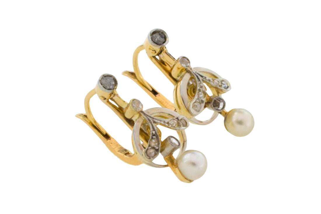 Pearl and rose diamond earrings in 18 carat gold-Earrings-The Antique Ring Shop