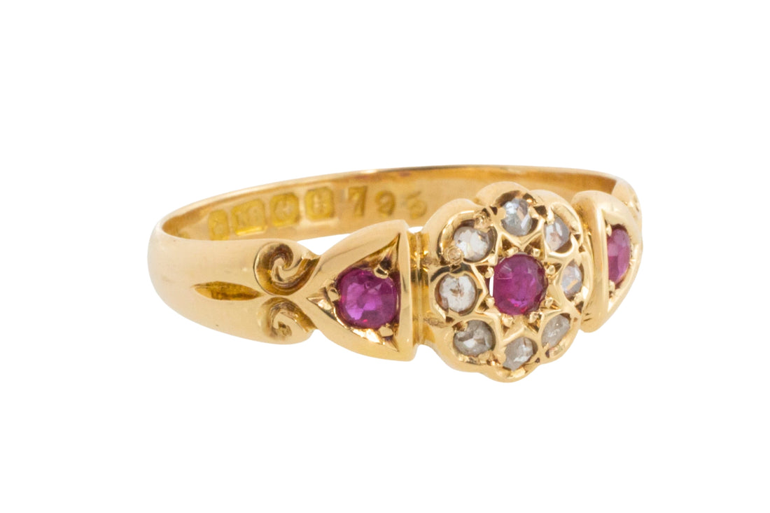 Edwardian ruby and rose cut diamond cluster ring from 1906