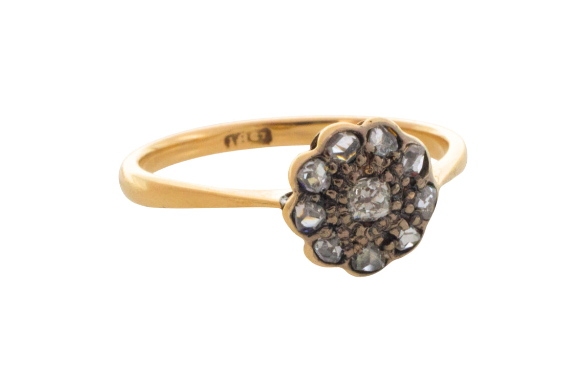 Edwardian old cut and rose cut diamond cluster ring