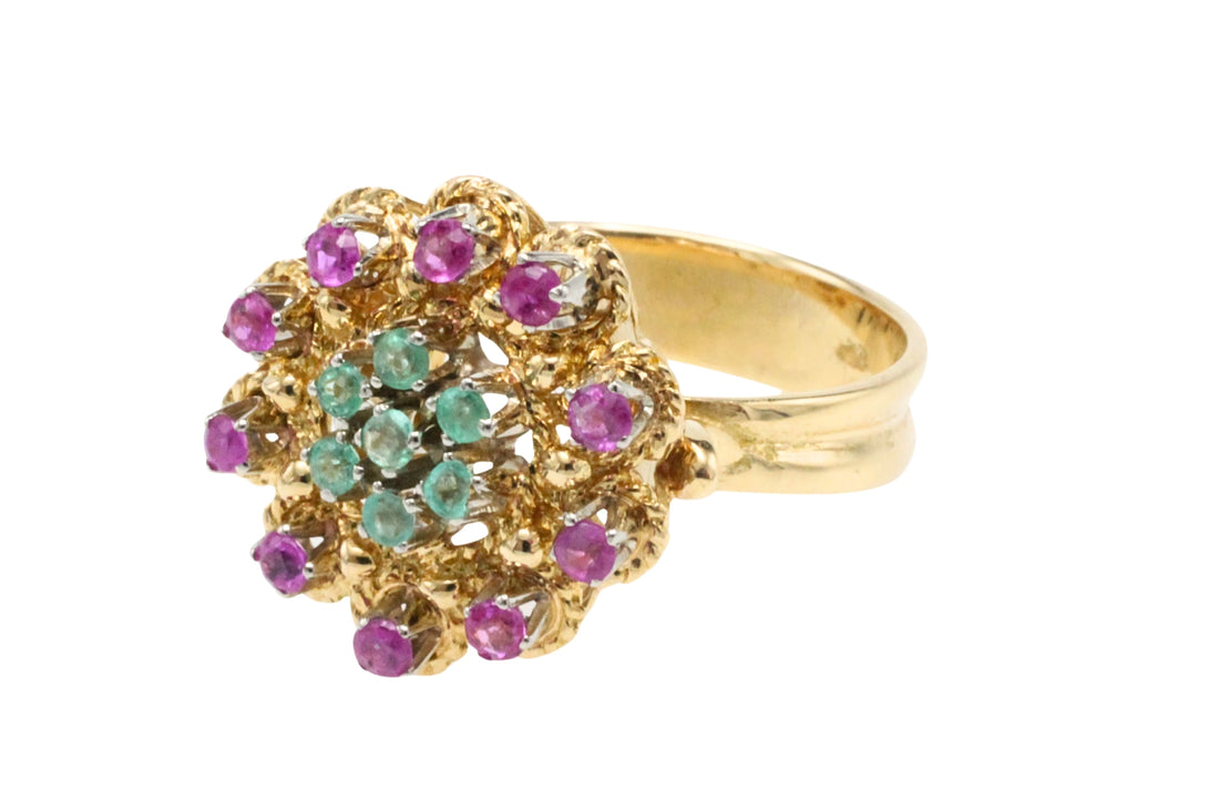 Emerald and ruby cluster ring