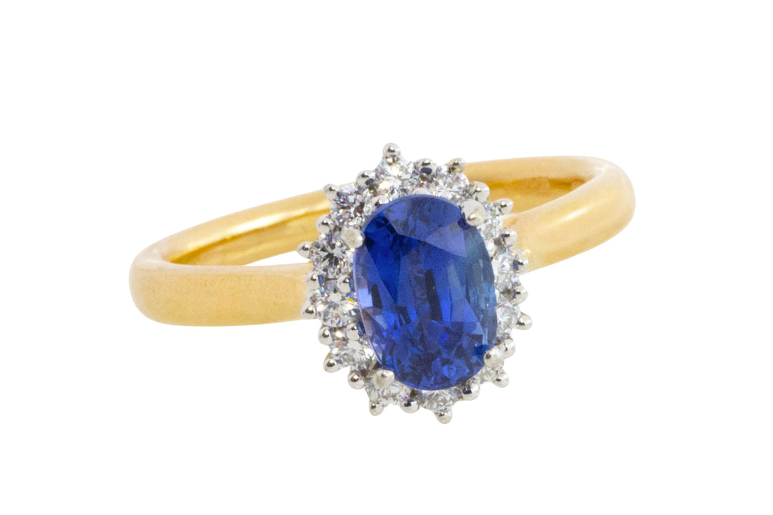 Sapphire and diamond cluster ring in 18 carat gold
