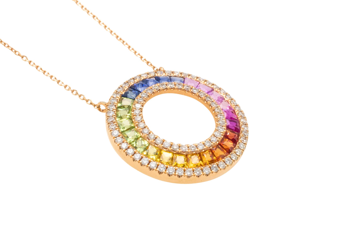 Multi colored carre cut sapphire and diamond pendant