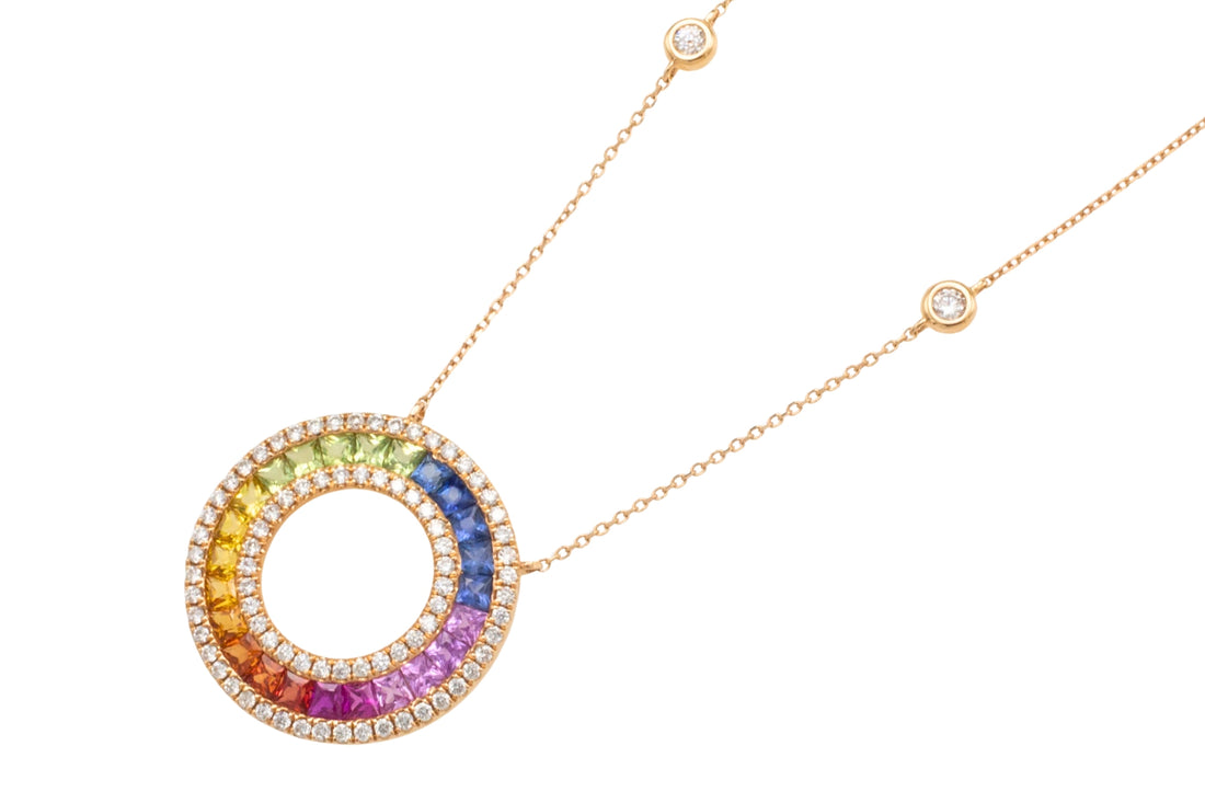 Multi colored carre cut sapphire and diamond pendant