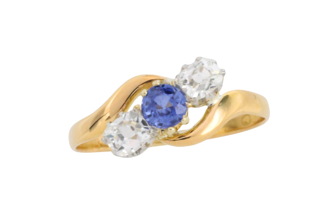 Victorian sapphire and old cut diamond swirl ring