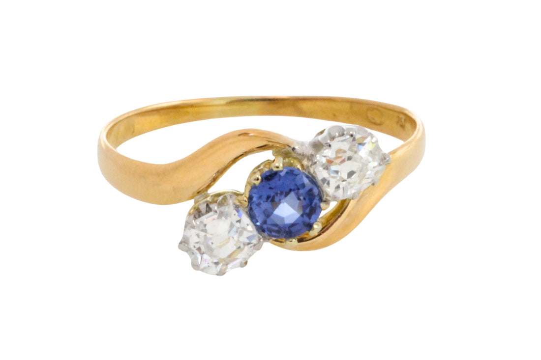 Victorian sapphire and old cut diamond swirl ring