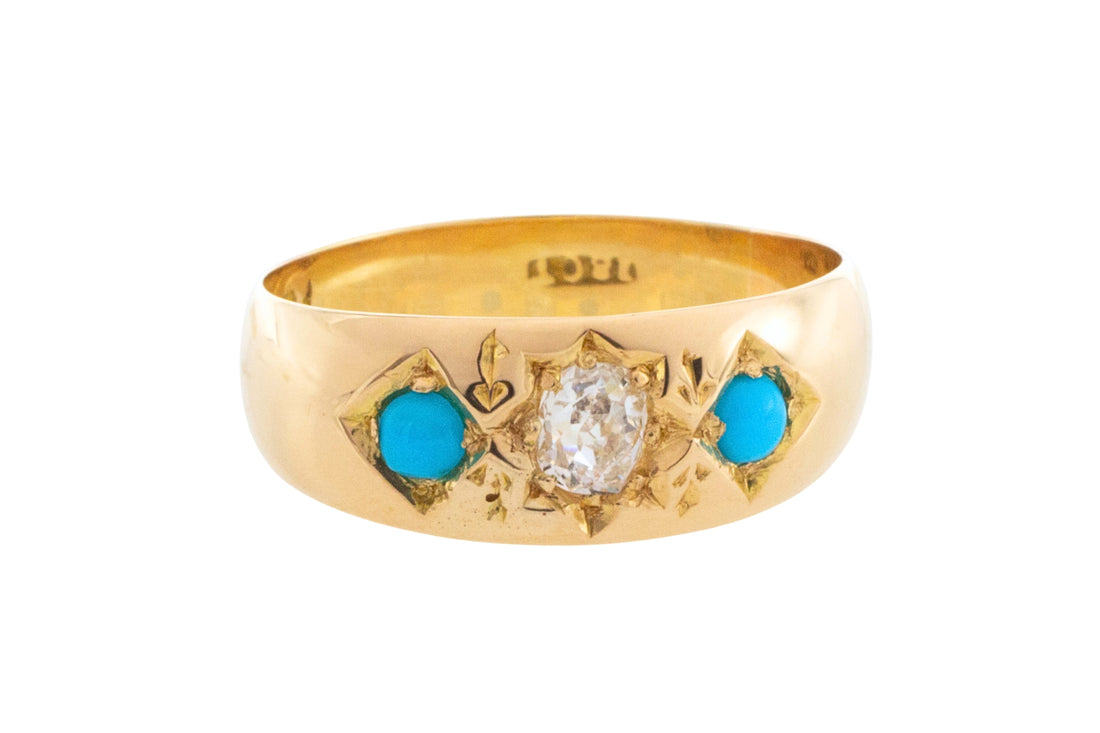 Victorian old cut diamond and turquoise gypsy ring